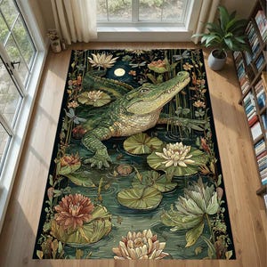 May include: A rectangular rug with a detailed illustration of an alligator in a swamp scene. The rug has a dark background with water lilies, dragonflies, and a full moon. The alligator is green and tan.