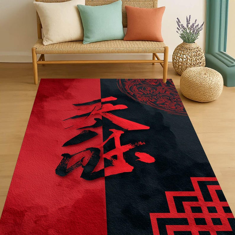 Japanese Patterned Rug Japanese Kanji Rug: Samurai Calligraphy Carpet, Red Black Symbol ...