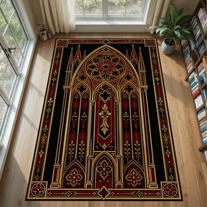 May include: A rectangular area rug with a gothic cathedral window design. The rug features a black background with red and gold architectural details, including arches, floral patterns, and a central rose window.