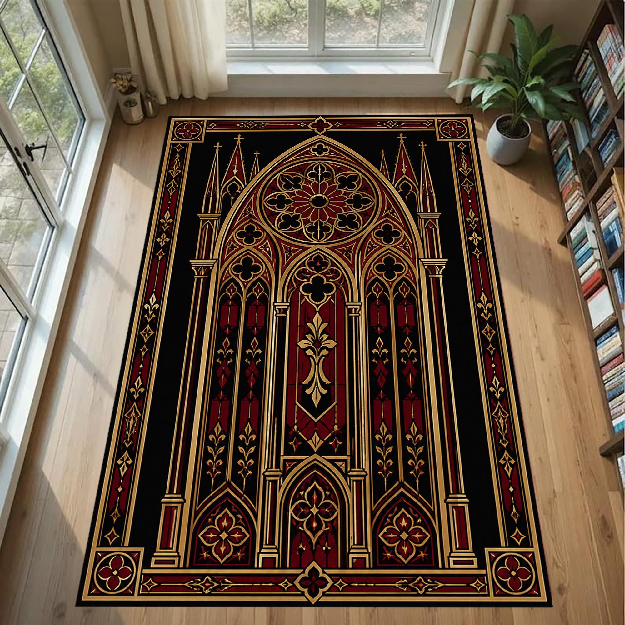 Cathedral Rug Gothic Cathedral Rug: Red Gold Window Carpet, Ornate Arch Pattern, Dark ...
