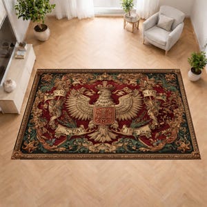 May include: Rectangular area rug with a detailed heraldic design. The rug features a central emblem of a double-headed eagle in gold, set against a deep red background. The border is black and gold, with ornate scrollwork and banners.