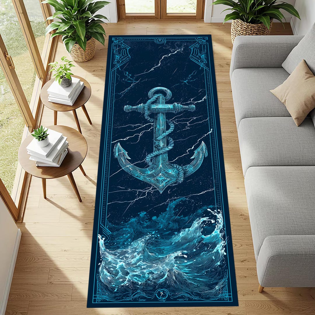 Nautical Anchor Runner Rug: Blue Rope Anchor Carpet, Stormy Ocean Waves ...