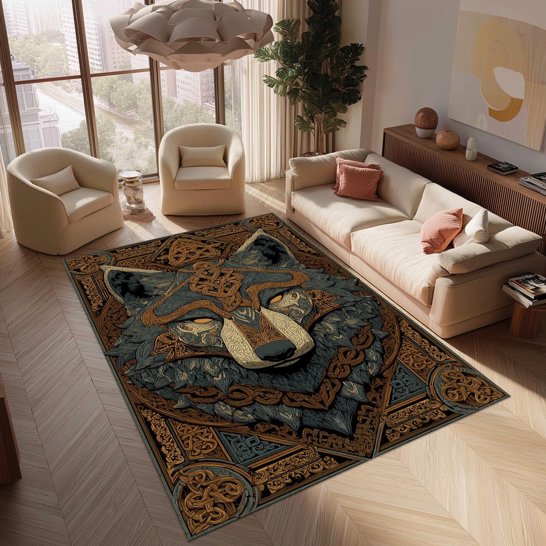 Wolf Rug Drawing Viking Wolf Rug: Norse Symbol Carpet, Nordic Rune Pattern, Animal ...