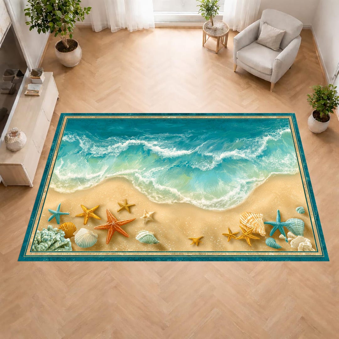 Coastal Beach Rug: Blue Ocean Wave , Sand Starfish Shell Pattern ...