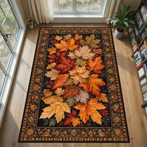 May include: A rectangular area rug featuring a central pattern of overlapping autumn maple leaves in shades of orange, red, yellow, and brown against a black background, framed by a decorative border with floral motifs in matching colors.