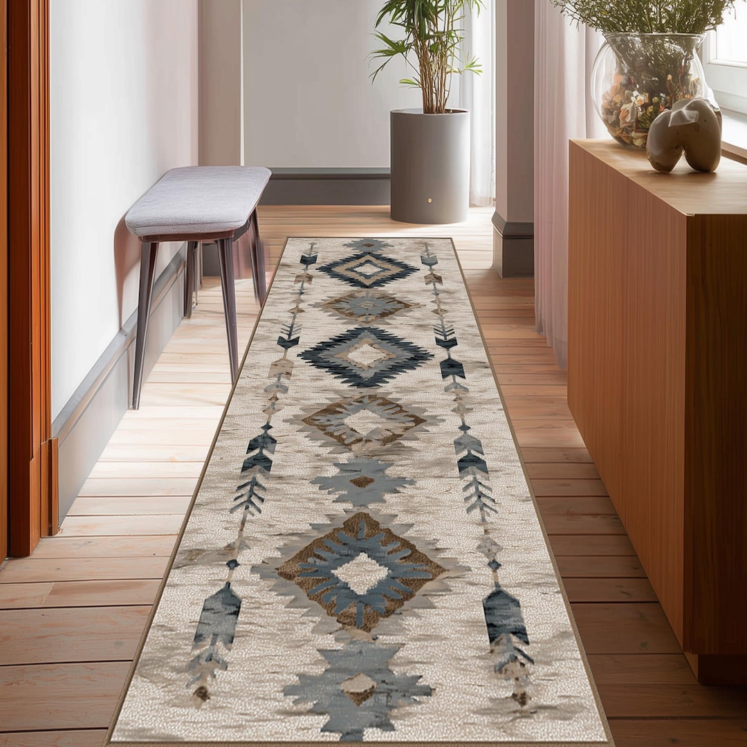 Southwestern Tribal Runner Rug: Beige Blue Aztec Pattern Carpet ...