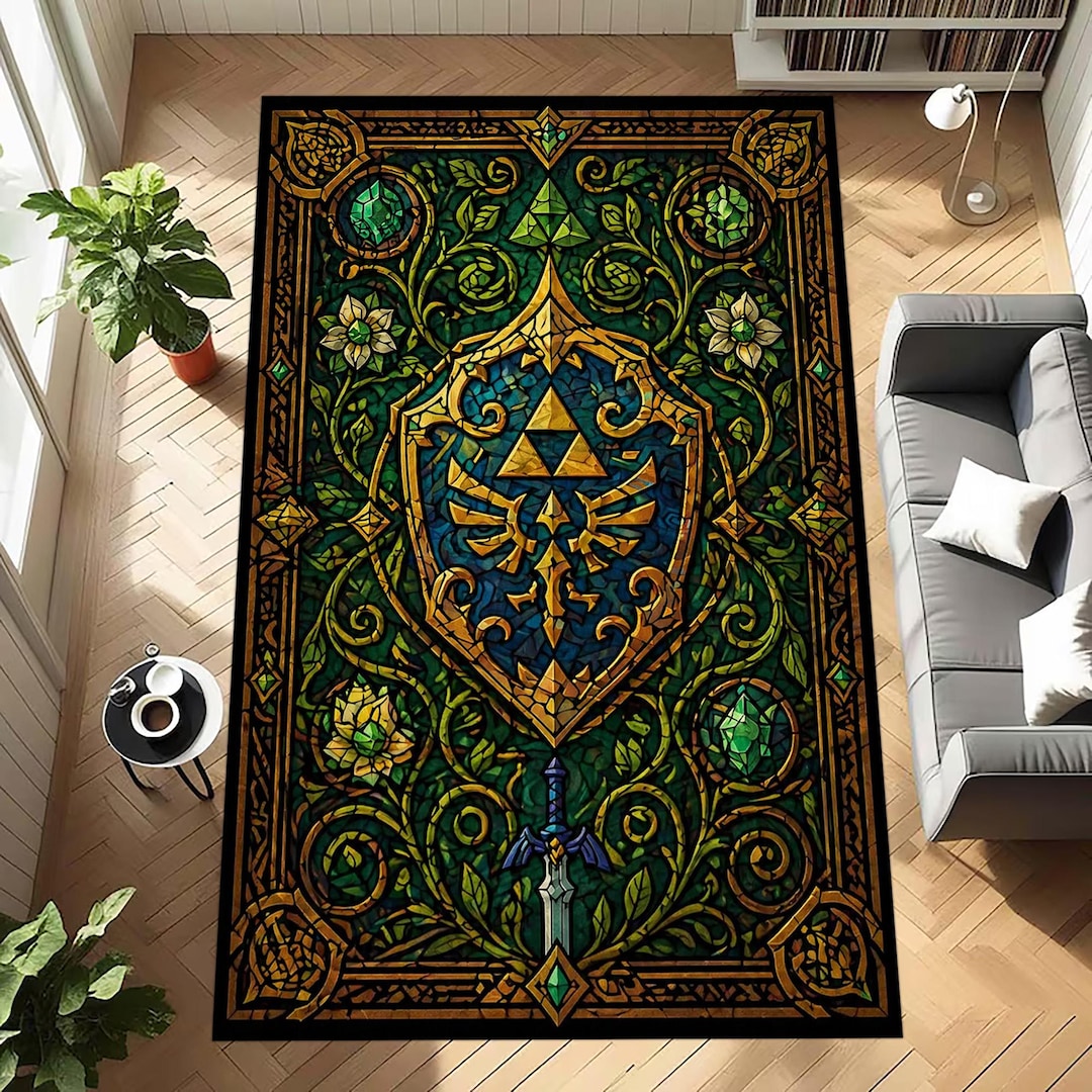 Zelda Hylian Shield Rug: Green Gold Triforce Carpet, Master Sword Crest ...