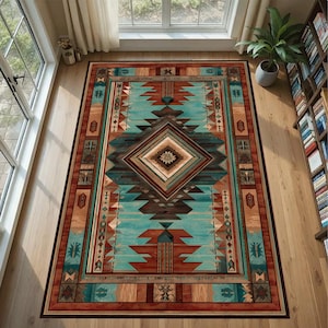 May include: A rectangular area rug featuring a central diamond motif surrounded by geometric patterns in shades of turquoise, terracotta, brown, and cream. The rug has a dark border and a symmetrical design with repeating angular shapes throughout.