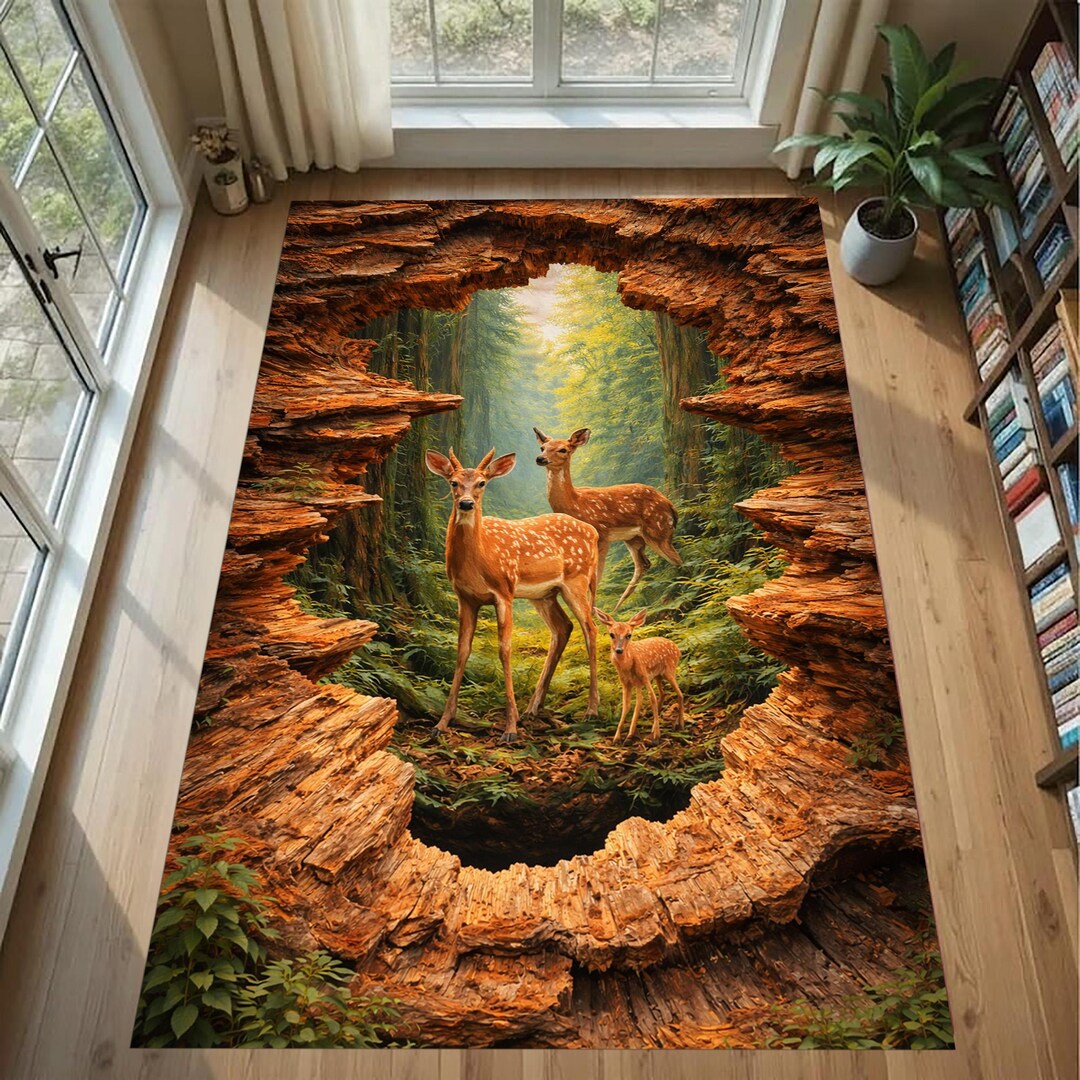 Wildlife 3D Deer Rug: Forest Animal Carpet, Brown Nature Pattern ...