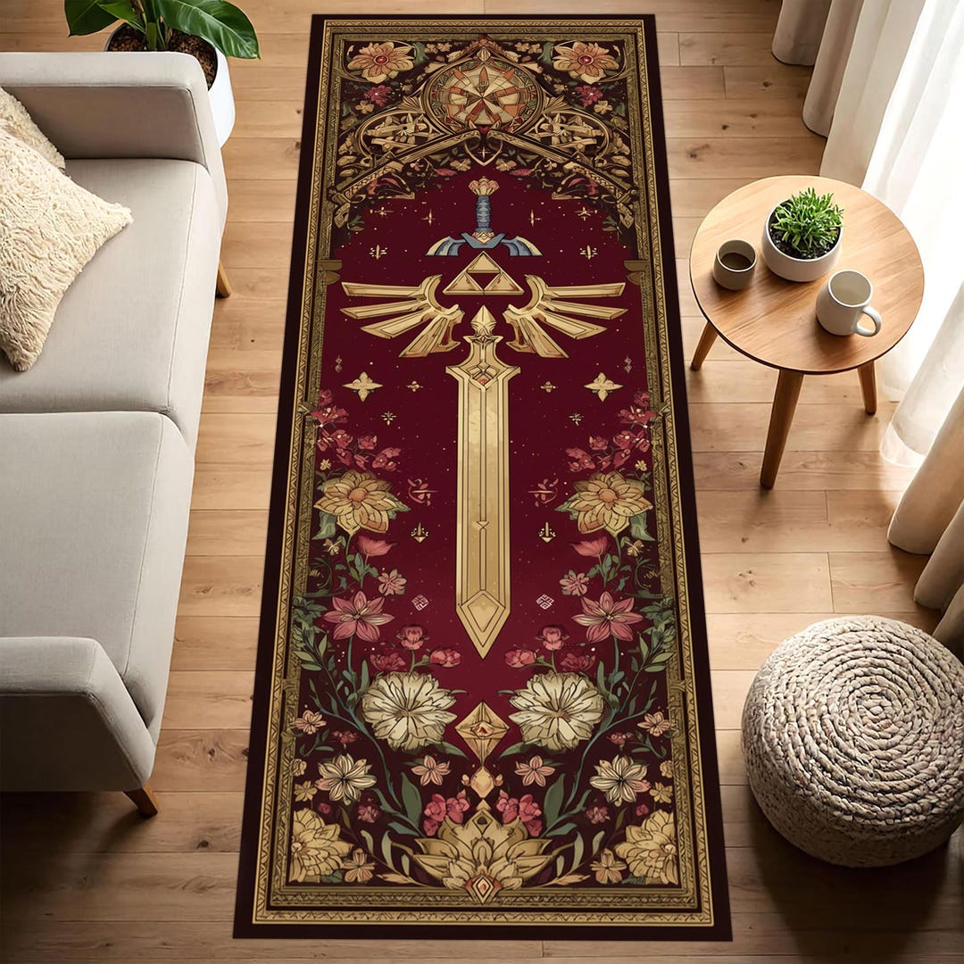 Zelda Triforce Runner Rug: Red Gold Sword Carpet, Hylian Crest Pattern ...