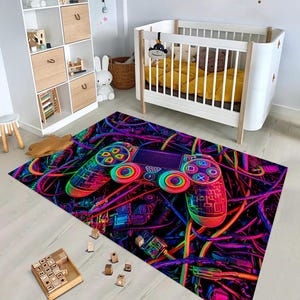 Gaming Controller Rug: Neon Cyberpunk Carpet, RGB Colorful Pattern, Futuristic Tech Gamer Design Decor