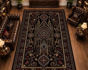 May include: A rectangular area rug featuring a black background with a central gothic cathedral architectural motif, including a rose window and pointed arches, accented by intricate gold and deep red floral patterns and decorative borders.