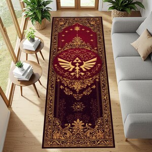 Zelda Hylian Runner Rug: Red Gold Crest Carpet, Triforce Symbol Pattern, Fantasy Gamer Decor