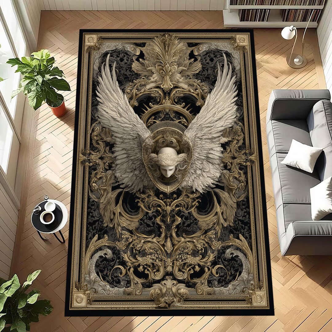 Angel Fairy Rug Angel Wing Rug: Baroque Gold Ornate Carpet, Black Ivory Gothic Pattern ...