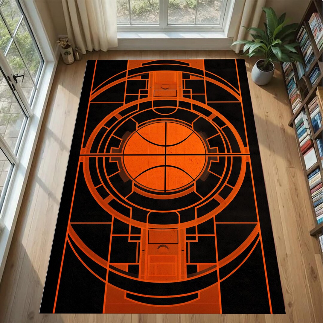 Basketball Court Rug: Orange Black Geometric Lines Gaming Carpet ...