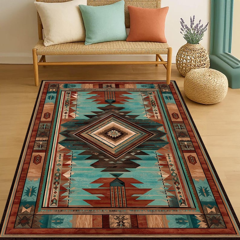 Southwestern Tribal Rug: Turquoise Brown Geometric Carpet, Navajo ...