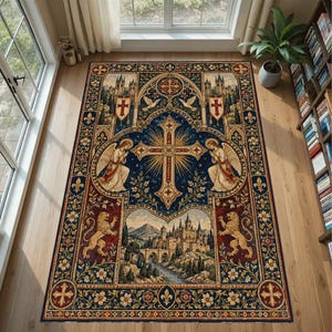Medieval Gothic Rug: Blue Gold Cross, Cathedral Angels, Heraldic Lions, Christian Castle Floral Design