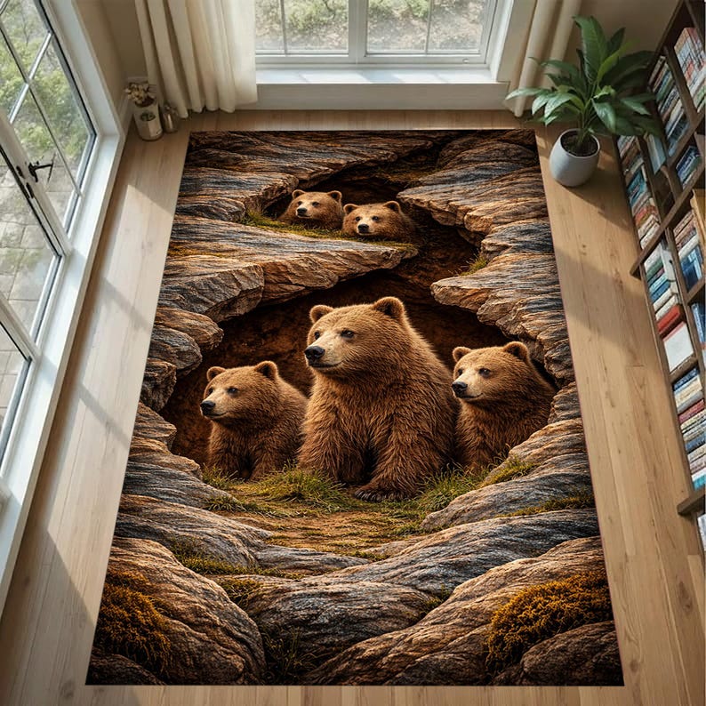 Bear Family Rug: Brown Wildlife Animal Carpet, Realistic 3D Nature ...