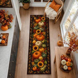 Peut inclure: Un long tapis de couloir rectangulaire au fond noir orné d'un motif vibrant de citrouilles orange, de tournesols jaunes et de feuilles d'automne multicolores. Le design comprend diverses courges et feuillages dans des tons verts et dorés.