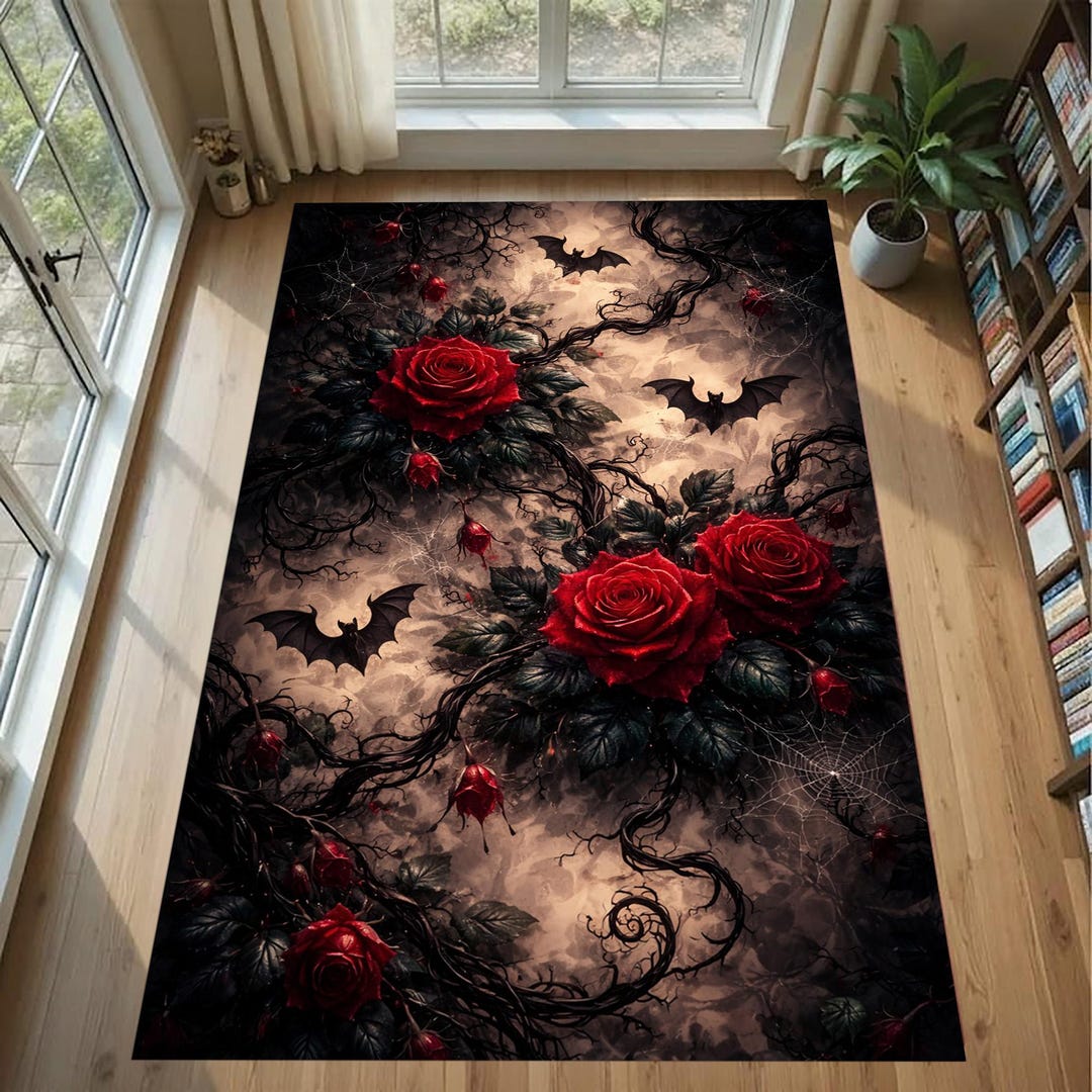 Gothic Rose Bat Rug: Dark Floral Pattern Carpet, Vampire Garden Style ...