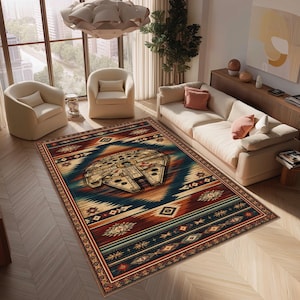 Star Wars Rug: Southwestern Pattern Carpet, Millenium Falcon Spaceship Design,Retro Geometric SciFi Decor
