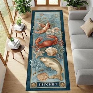 Vloerkleed keukenzeevruchten: blauw kustviskrabtapijt, oceaandessin, nautisch decor