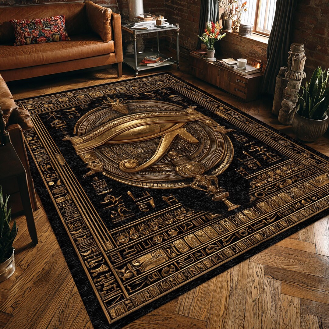 Egyptian Eye Rug: Gold Horus Symbol Carpet, Ancient Hieroglyph Pattern ...