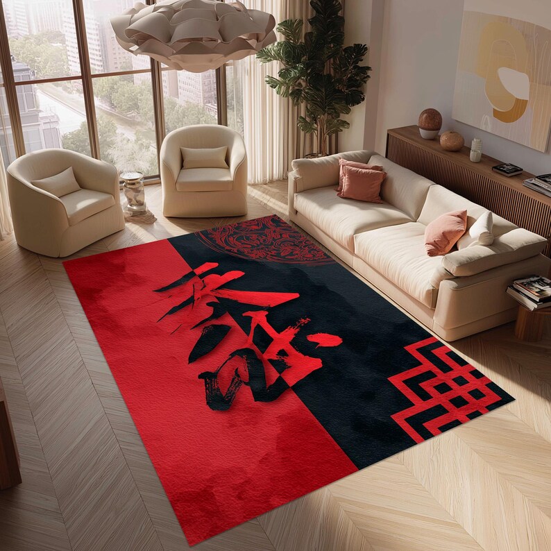 Japanese Patterned Rug Japanese Kanji Rug: Samurai Calligraphy Carpet, Red Black Symbol ...