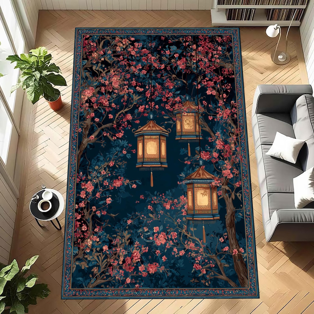 Japanese Pattern Rug Background Japanese Lantern Rug: Dark Floral Carpet, Pink Sakura Pattern, Elegant ...