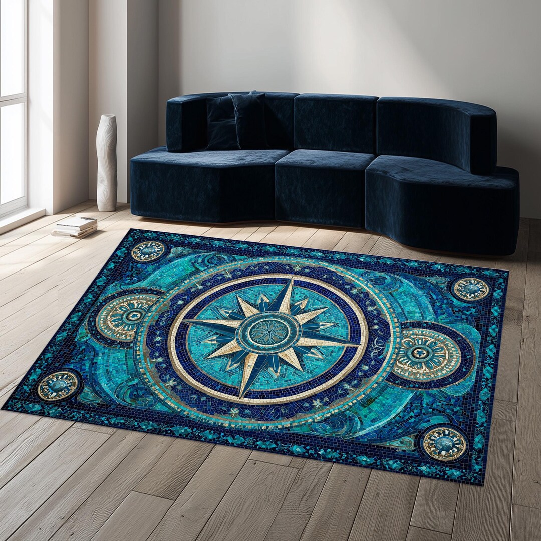 Compass Mosaic Rug: Blue Nautical Carpet, Marine Compass Pattern, Ocean ...