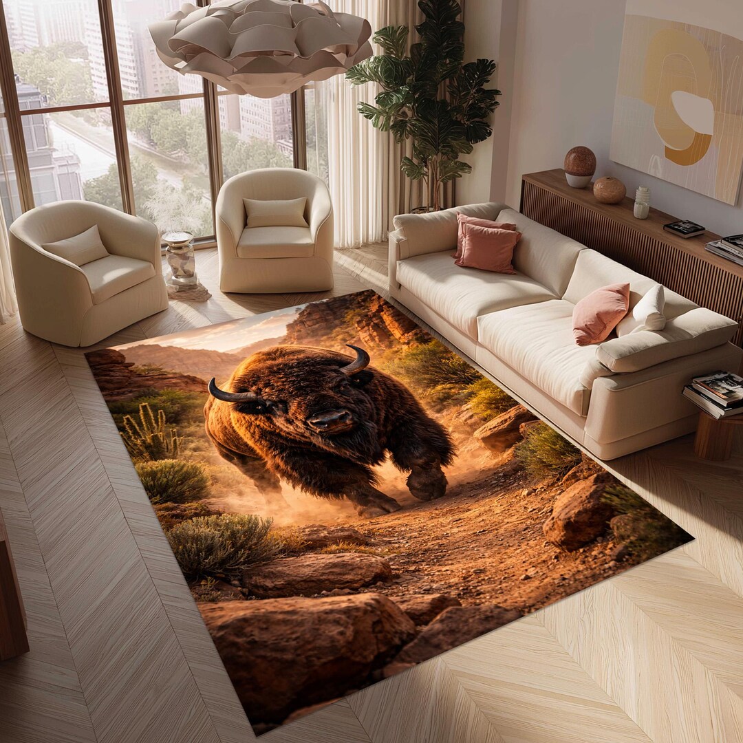 Buffalo Rug: Western Bison Carpet, Wild Animal Nature Pattern, Rustic ...