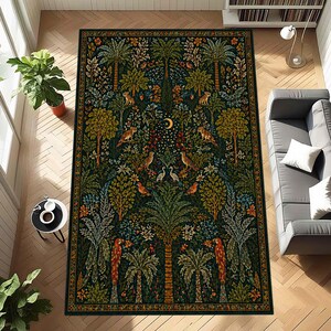Botanical Wildlife Rug: Green Tropical Forest Carpet, Exotic Birds Leopard Pattern, Nature Jungle Decor