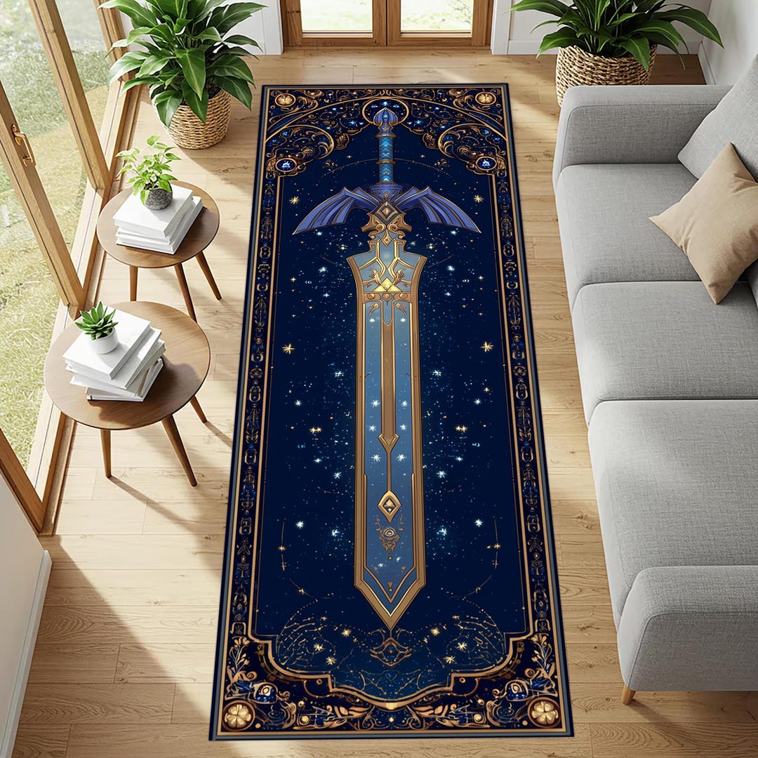 Zelda Master Sword Runner Rug: Blue Gold Fantasy Carpet, Hylian Crest ...
