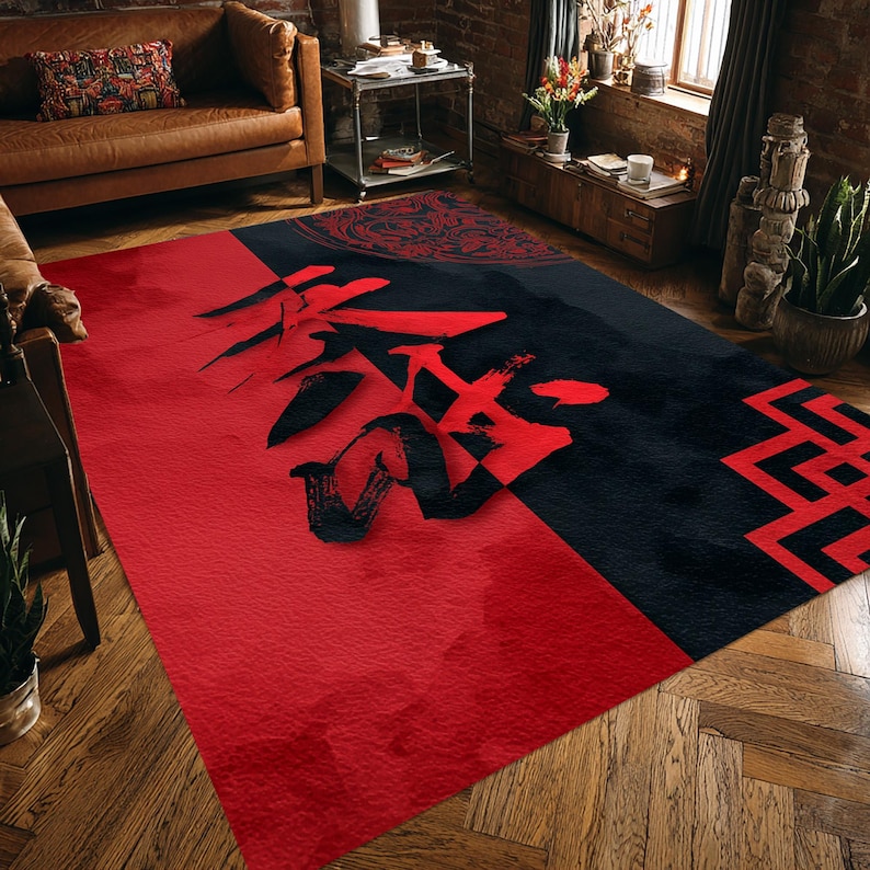 Japanese Kanji Rug: Samurai Calligraphy Carpet, Red Black Symbol ...