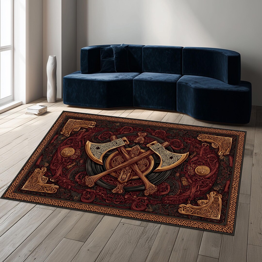 Viking Axe Rug: Red Gold Norse Weapon Carpet, Crossed Axes Pattern ...