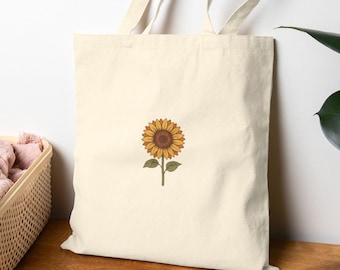 Minimal Sunflower Tote Bag, Vintage Floral Canvas Tote, Aesthetic Boho Bag, Neutral Everyday Tote