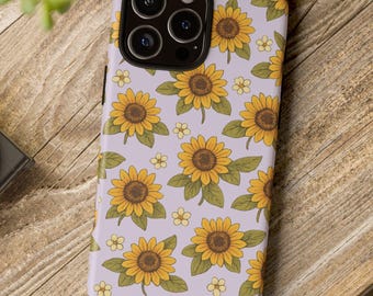 Funda para iPhone con girasoles, funda floral morada para teléfono, funda con estética retro, funda veraniega para teléfono, funda violeta para iPhone, regalo para ella.