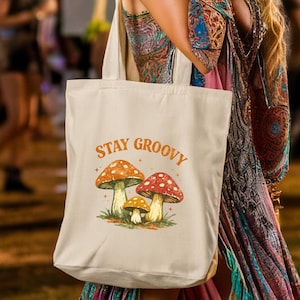 Stay Groovy Tote Bag, Mushroom Festival Tote, Aesthetic Canvas Bag, Cottagecore Boho Style image 1