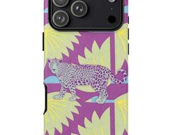 Funda para teléfono con estampado de leopardo, funda colorida y estética para iPhone, diseño moderno y llamativo de la jungla en color púrpura, funda para teléfono linda y a la moda, regalo para ella.