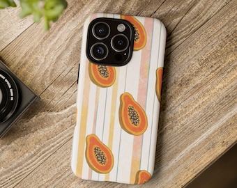 Funda para teléfono con diseño retro de papaya, estética frutal vintage, bonita funda veraniega para iPhone, funda minimalista y moderna para Samsung Galaxy, diseño bohemio neutro.
