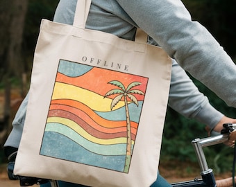 Retro Sunset Tote Bag, Personalized Text Tote, Vintage Beach Aesthetic Bag, Customizable Tote, Minimal Coastal Canvas Bag, Gift for Her