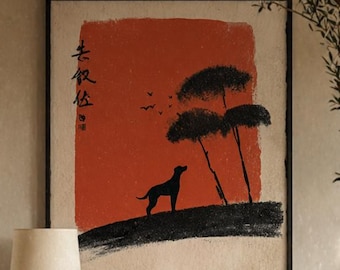 Lámina decorativa de perro "Devoción silenciosa", arte de pared de mediados de siglo, póster minimalista de mascotas, estilo japonés, imprimible, decoración neutra para el hogar.