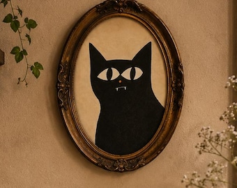 Estampado de gato negro, arte popular vintage, decoración de mediados de siglo (descarga digital)