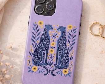 Funda para teléfono con estampado floral de guepardo, funda para iPhone con estética morada, bonito diseño de flores silvestres y animales, funda minimalista botánica para teléfono, regalo para ella.