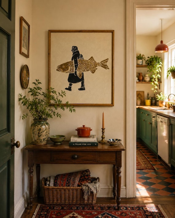 The Weight We Carry | Folk Art Fish Print | Vintage Coastal Wall Art | Eclectic Cottage Decor | Downloadable Art Print