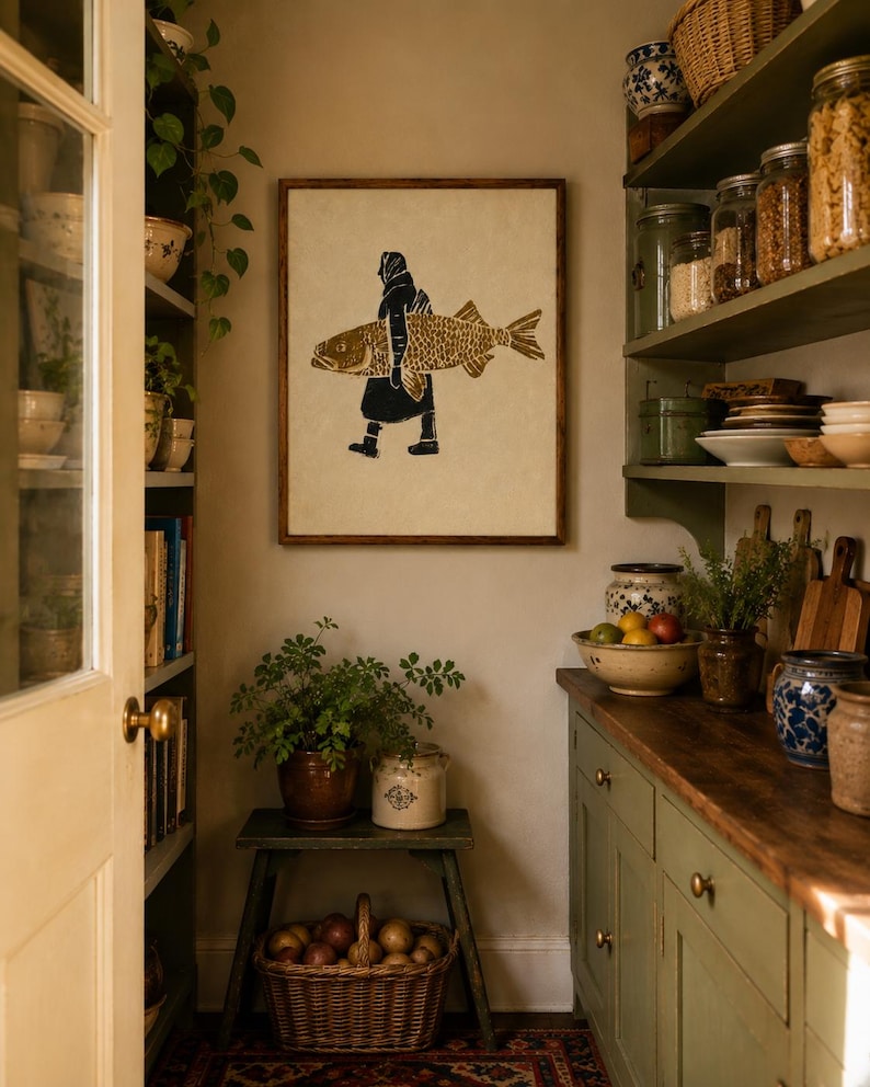 May include: A framed wall art print featuring a block-print style illustration of a person in a headscarf carrying a large golden-brown fish. The artwork is displayed on a neutral wall in a kitchen setting with wooden shelves and cabinets.