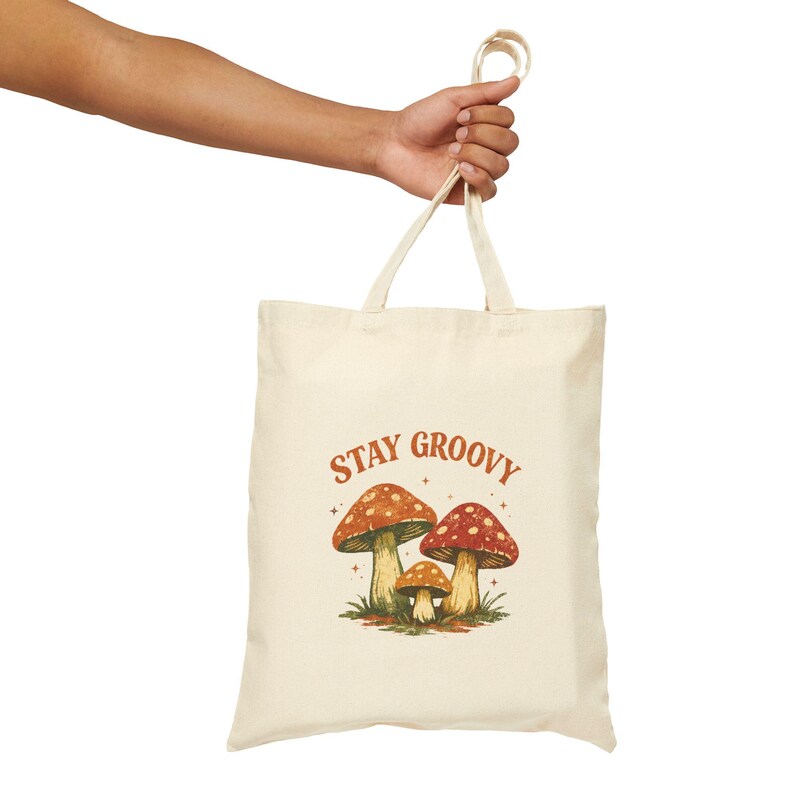 Stay Groovy Tote Bag, Mushroom Festival Tote, Aesthetic Canvas Bag, Cottagecore Boho Style image 2