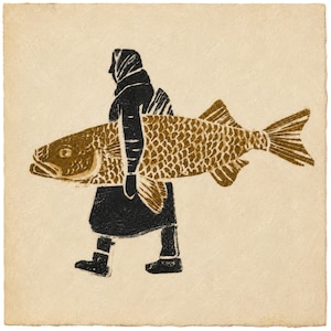 May include: A block print illustration on textured off-white paper depicting a figure in black clothing carrying a large, detailed brown fish. The figure wears a head covering and boots, while the fish displays prominent scales and fins.
