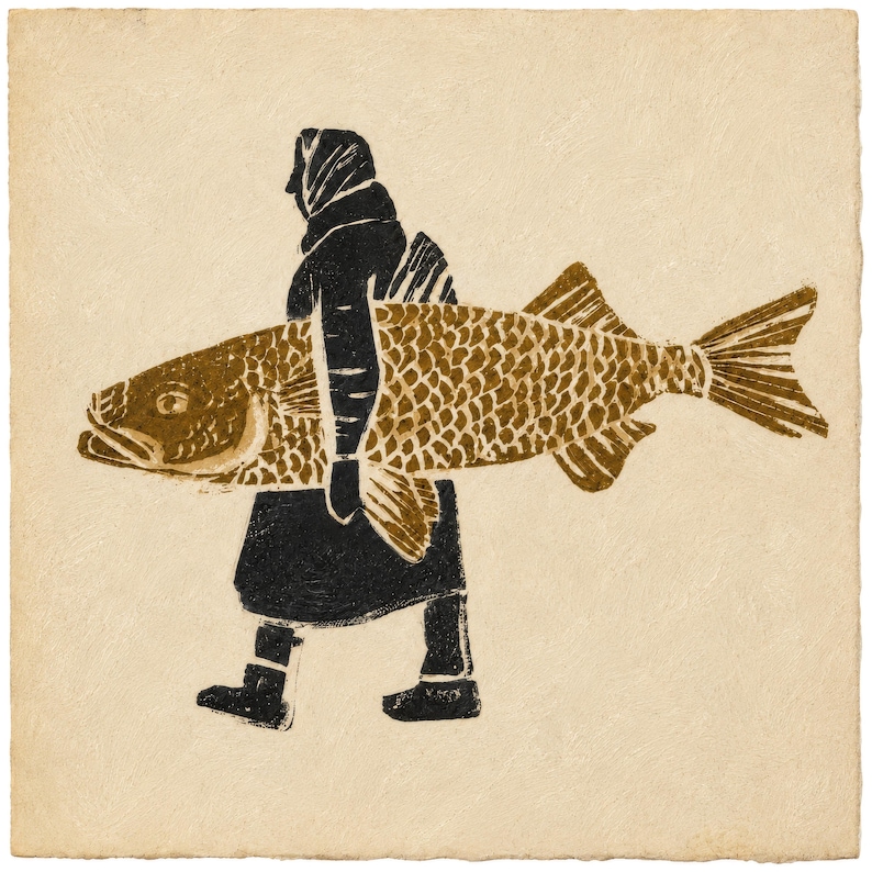 May include: A block print illustration on textured off-white paper depicting a figure in black clothing carrying a large, detailed brown fish. The figure wears a head covering and boots, while the fish displays prominent scales and fins.