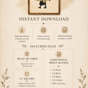 May include: A digital art print featuring a black silhouette of a person carrying a large golden fish. The text reads INSTANT DOWNLOAD, INCLUDED FILES, READ ME FIRST, ADDITIONAL PRINT RATIOS, 1:1 SQUARE, and lists various aspect ratios and file types.